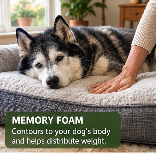 Senior Husky resting on a memory-foam dog bed while a hand presses the surface to show contouring.