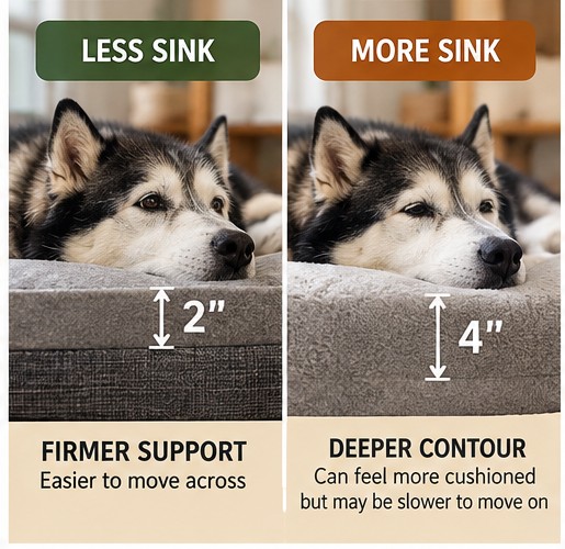 Side-by-side photo comparison showing a senior Husky with less sink on firmer support and deeper contouring on softer foam.