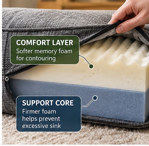 Cutaway of a dog bed showing a softer memory-foam comfort layer above a firmer support core.