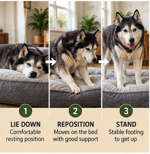 Three-step photo sequence of a senior Husky lying down, repositioning, and standing from a foam dog bed.