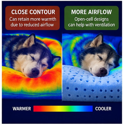 Thermal-style comparison of close-contouring memory foam and a more ventilated open-cell foam surface under a senior Husky.