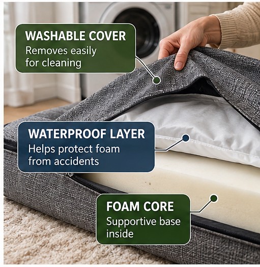 Owner opening a dog-bed cover to show the washable outer cover, protective waterproof layer, and foam core.