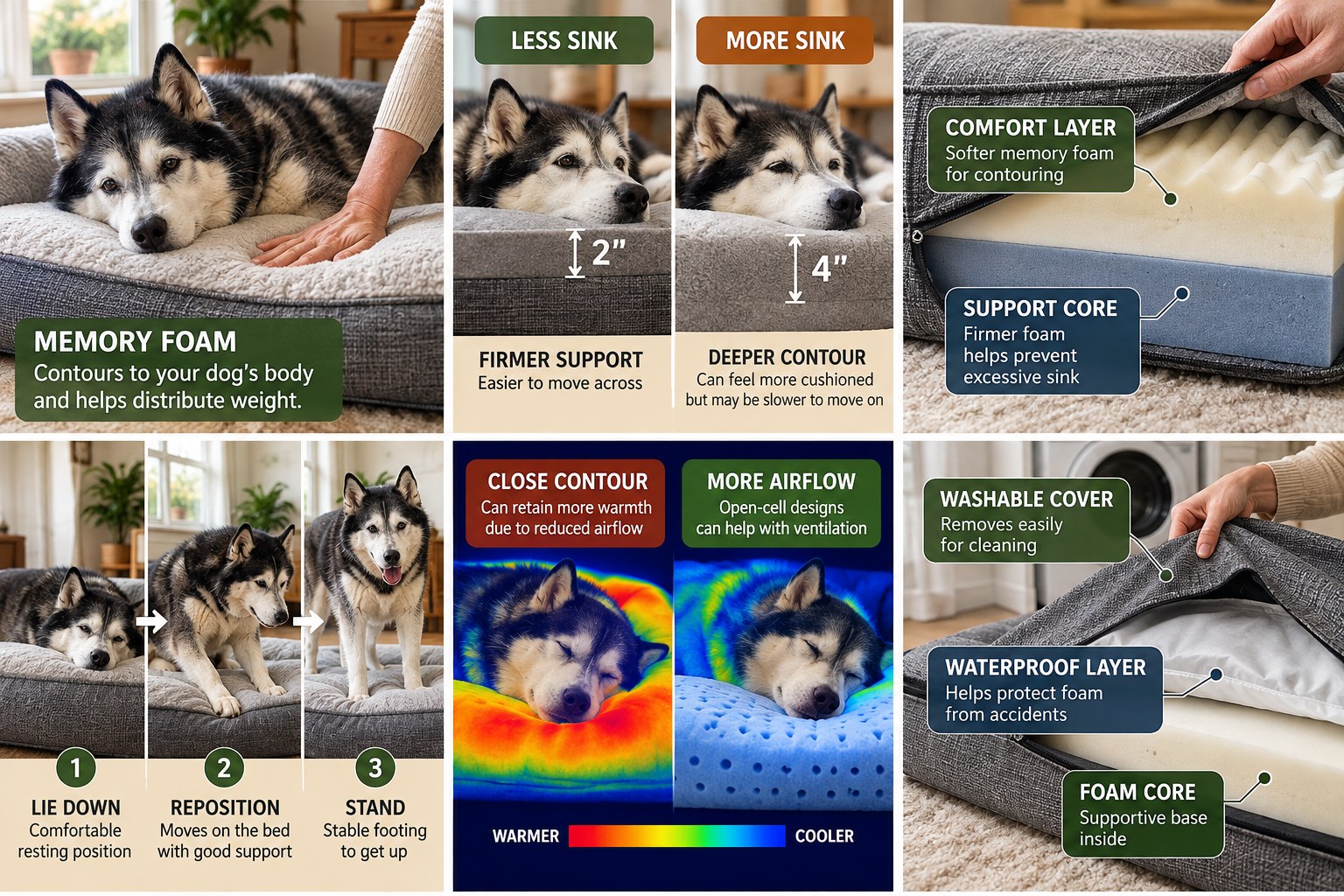 Photo-led guide showing a senior Husky on memory foam, sink depth, layered foam, rising movement, heat and airflow, and washable cover construction.